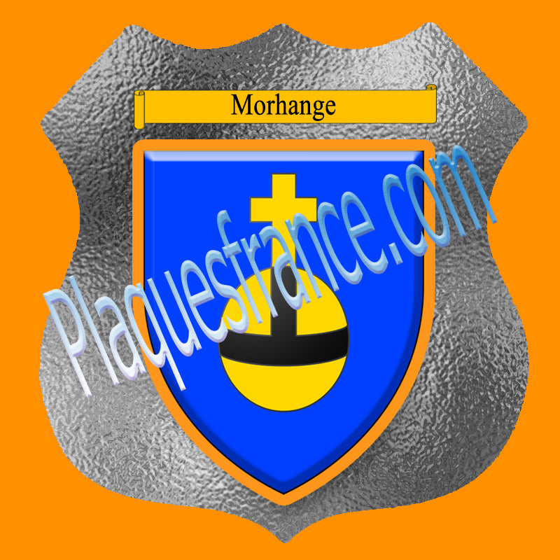 Plaque métal décorative format écusson Ø 30cm fond verre dépoli blason Morhange, Moselle 57