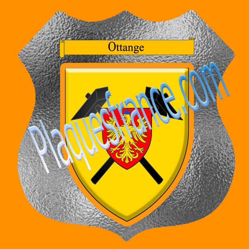 Plaque métal décorative format écusson Ø 30cm fond verre dépoli blason Ottange, Moselle 57