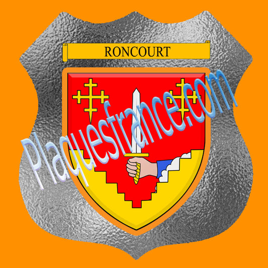 Plaque métal décorative format écusson Ø 30cm fond verre dépoli Roncourt, Moselle 57