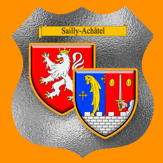 Plaque métal décorative format écusson Ø 30cm fond verre dépoli blason Sailly-Achâtel, Moselle 57
