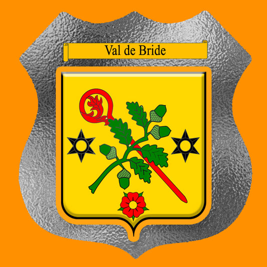 Plaque métal décorative format écusson Ø 30cm fond verre dépoli blason Val de Bride, Moselle 57