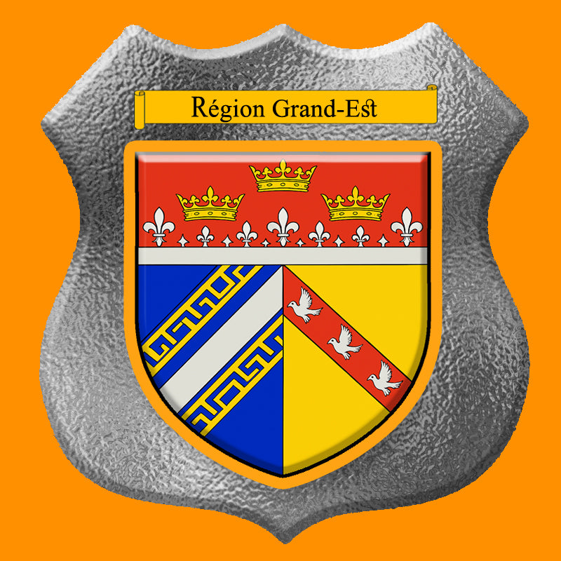 Plaque métal décorative format écusson Ø 30cm fond verre dépoli,  blason Grand-Est