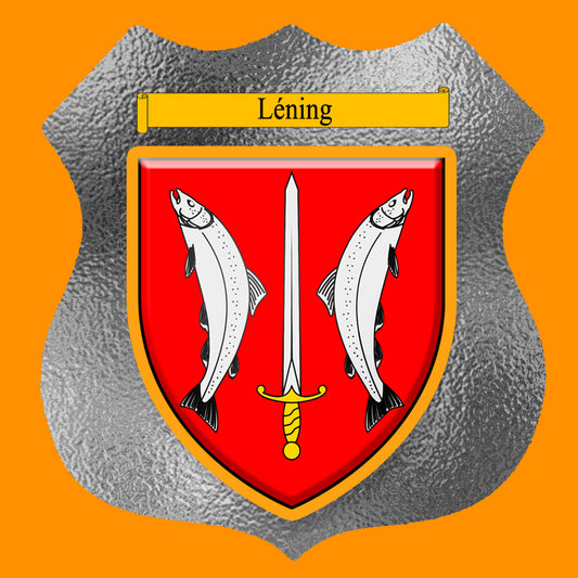 Plaque métal décorative format écusson Ø 30cm fond verre dépoli blason Léning, Moselle 57
