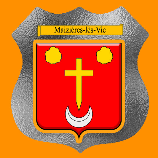 Plaque métal décorative format écusson Ø 30cm fond verre dépoli blason Maizières-lès-Vic, Moselle 57
