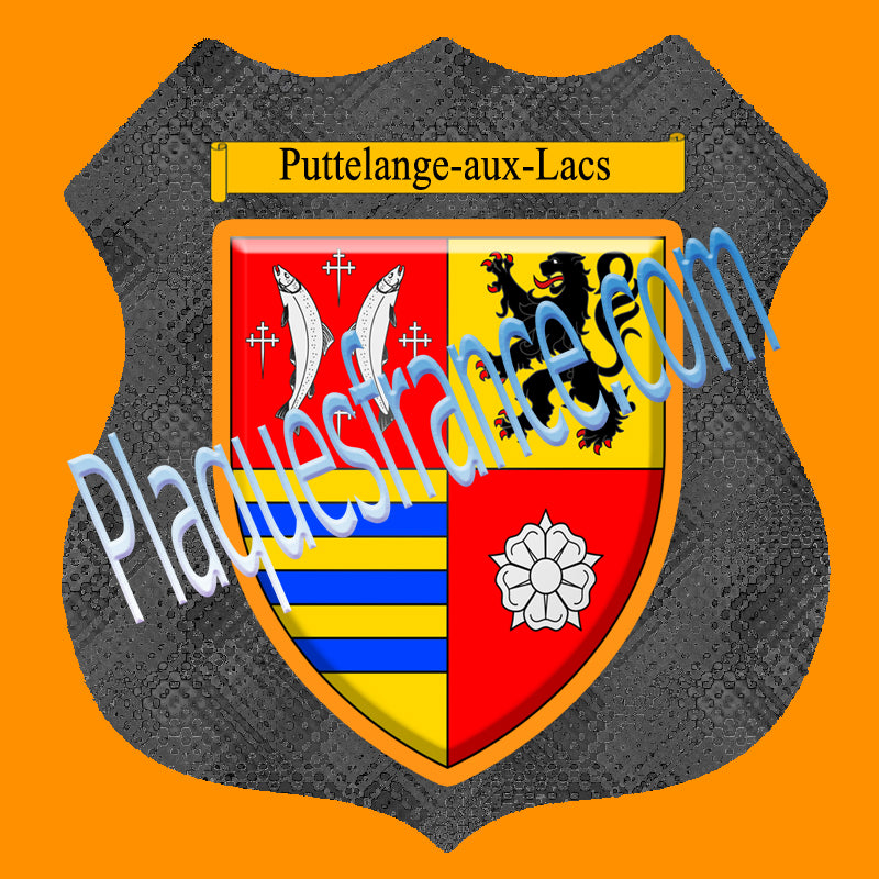Plaque métal décorative format écusson Ø 30cm fond verre+métal blason Puttelange-aux-Lacs, Moselle 57