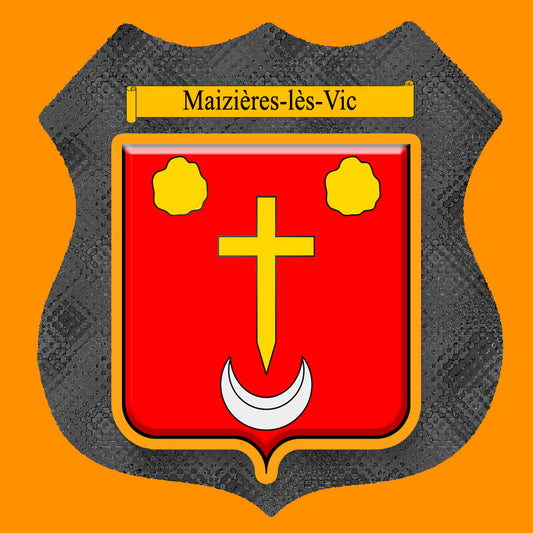 Plaque métal décorative format écusson Ø 30cm fond verre+métal blason Maizières-lès-Vic, Moselle 57