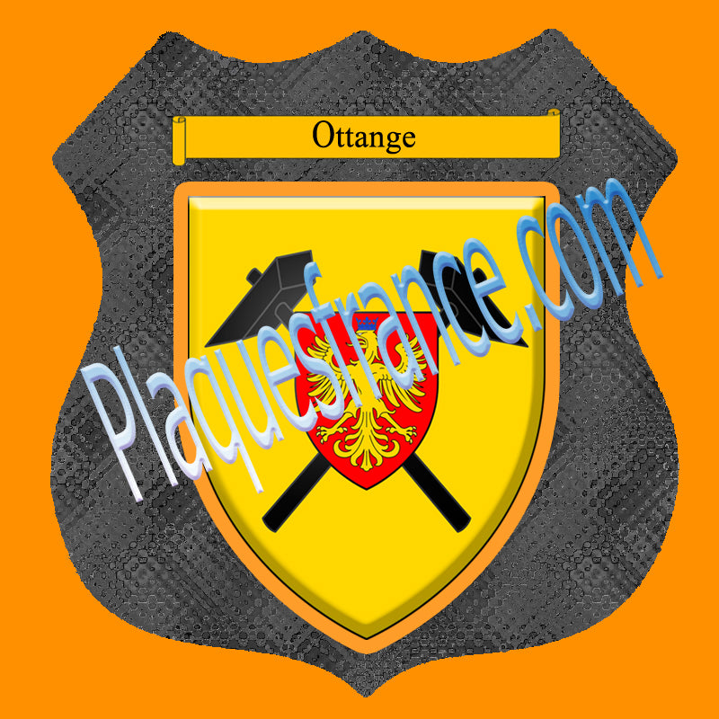 Plaque métal décorative format écusson Ø 30cm fond verre+métal blason Ottange, Moselle 57