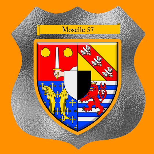 Plaque métal décorative format écusson Ø 30cm fond verre+métal blason , Moselle 57
