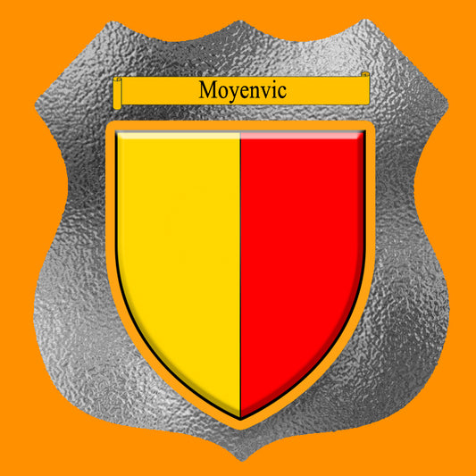 Plaque métal décorative format écusson Ø 30cm fond verre dépoli blason Moyenvic, Moselle 57
