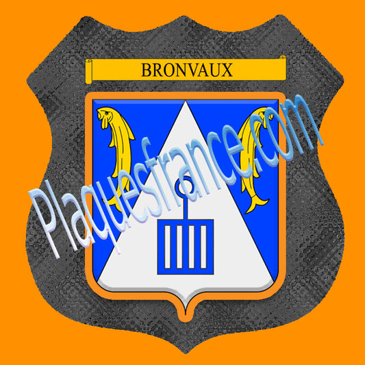 Plaque métal décorative format écusson Ø 30cm fond verre+métal Bronvaux, Moselle 57