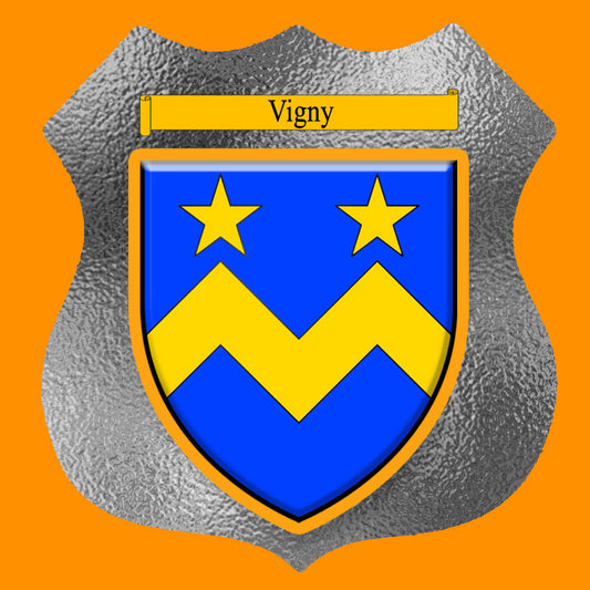 Plaque métal décorative format écusson Ø 30cm fond verre dépoli blason Vigny, Moselle 57 (Copie)