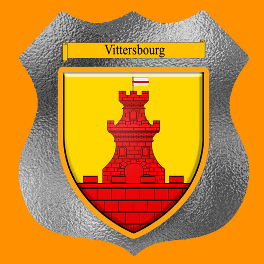 Plaque métal décorative format écusson Ø 30cm fond verre dépoli blason Vittersbourg, Moselle 57