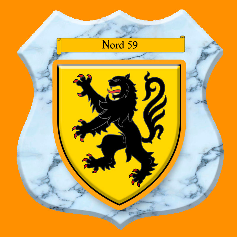 Plaque métal décorative format écusson Ø 30cm fond marbre,  blason Nord 59