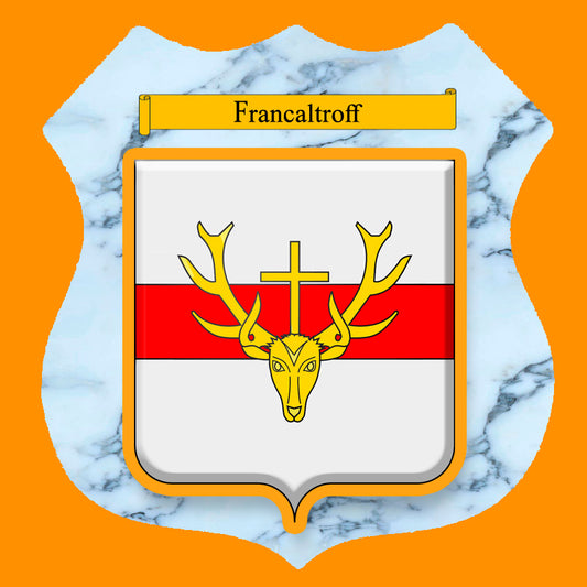 Plaque métal décorative format écusson Ø 30cm fond marbre blason Francaltroff, Moselle 57