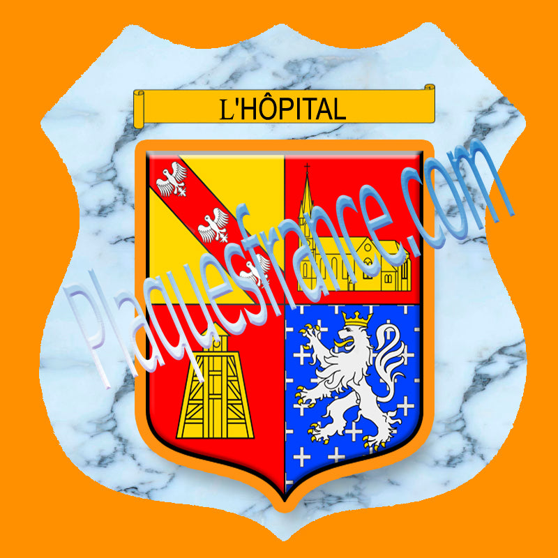 Plaque métal décorative format écusson Ø 30cm fond marbre blason L'Hôpital 57