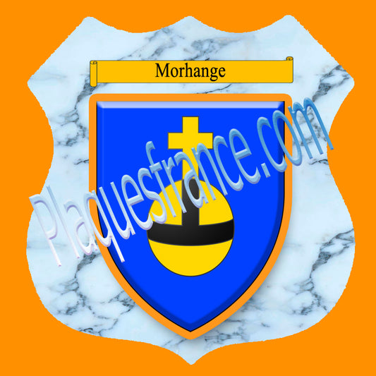 Plaque métal décorative format écusson Ø 30cm fond marbre blason Morhange, Moselle 57