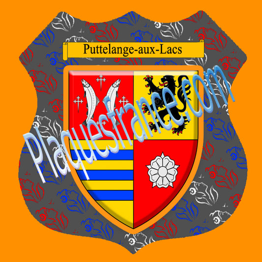 Plaque métal décorative format écusson Ø 30cm fond marianne blason Puttelange-aux-Lacs, Moselle 57