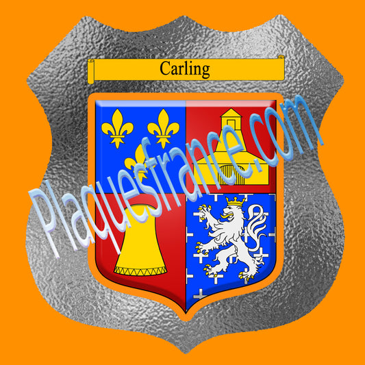 Plaque métal décorative format écusson Ø 30cm fond verre dépoli blason Carling, Moselle 57