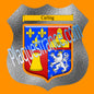 Plaque métal décorative format écusson Ø 30cm fond verre dépoli blason Carling, Moselle 57