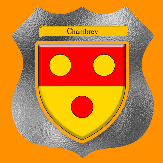 Plaque métal décorative format écusson Ø 30cm fond verre dépoli blason Chambrey, Moselle 57