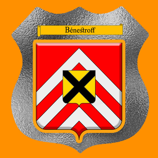 Plaque métal décorative format écusson Ø 30cm fond  verre dépoli blason Bénestroff, Moselle 57