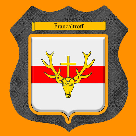 Plaque métal décorative format écusson Ø 30cm fond verre+métal blason Francaltroff, Moselle 57
