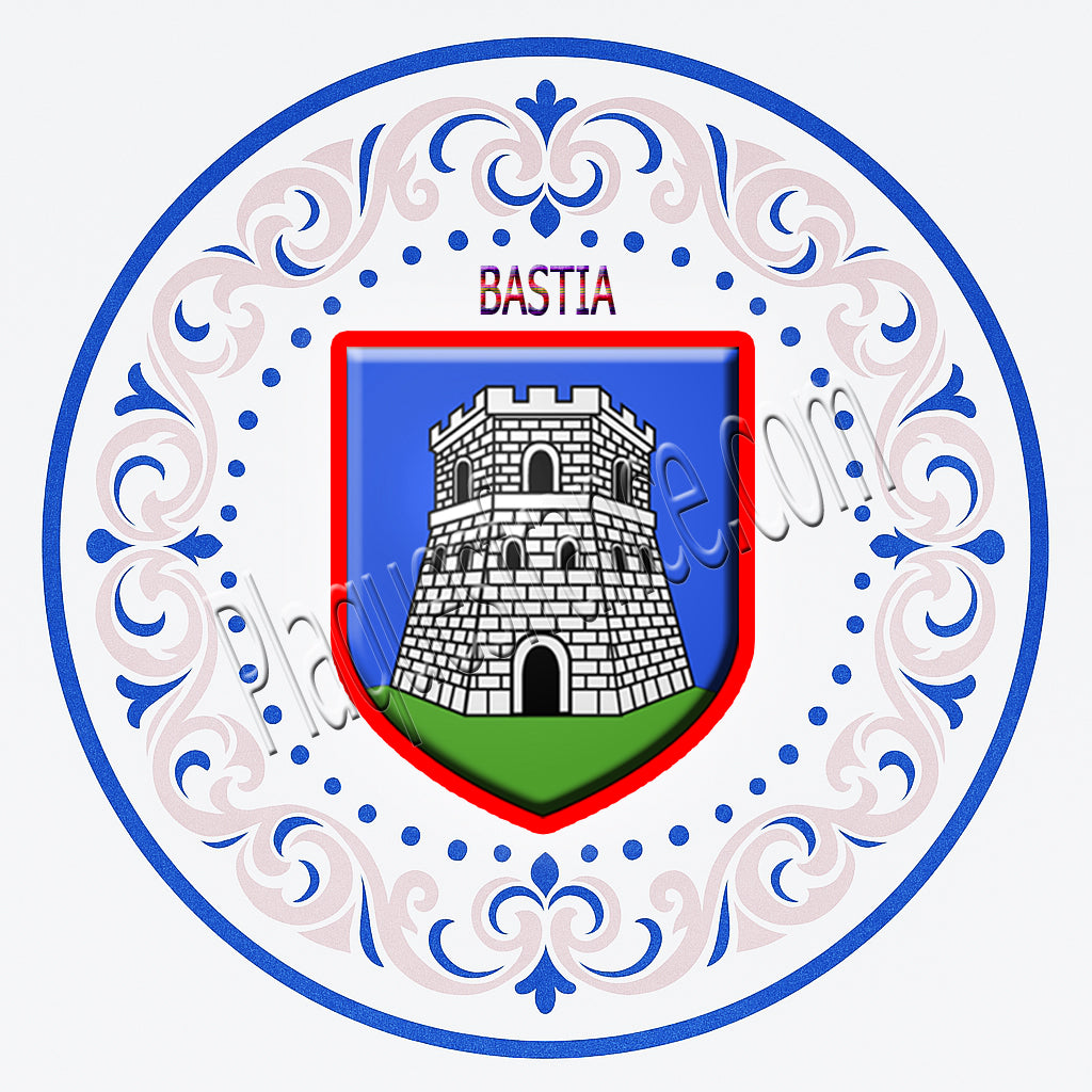 Plaque métal décorative ronde  Ø 30  cm fleur de lys avec blason Bastia  Canton de Bastia Haute-Corse