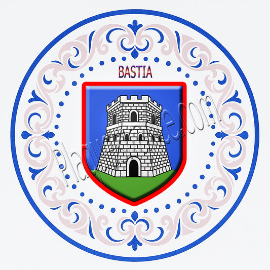 Plaque métal décorative ronde  Ø 30  cm fleur de lys avec blason Bastia  Canton de Bastia Haute-Corse