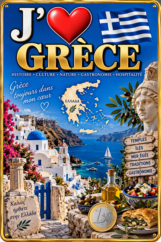 Plaque métal décorative 20 cm x 30 cm J' ❤️la Grèce Union Européenne