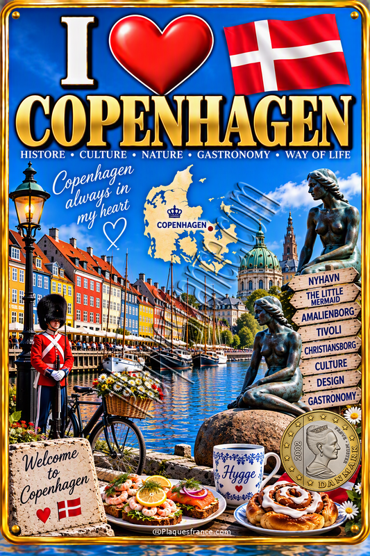 I Love Copenhagen decorative metal sign with Danish flag, Nyhavn, Little Mermaid, Denmark map and Copenhagen landmarks