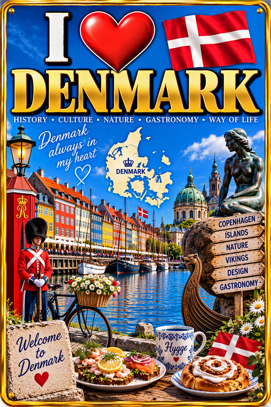 I Love Denmark decorative metal sign with Copenhagen, Danish flag, map, Little Mermaid and Danish culture