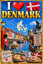 I Love Denmark decorative metal sign with Copenhagen, Danish flag, map, Little Mermaid and Danish culture