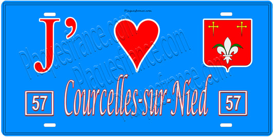 Plaque métal décorative, J'❤️Courcelles-sur-Nied, Moselle, fond mur bleu 57