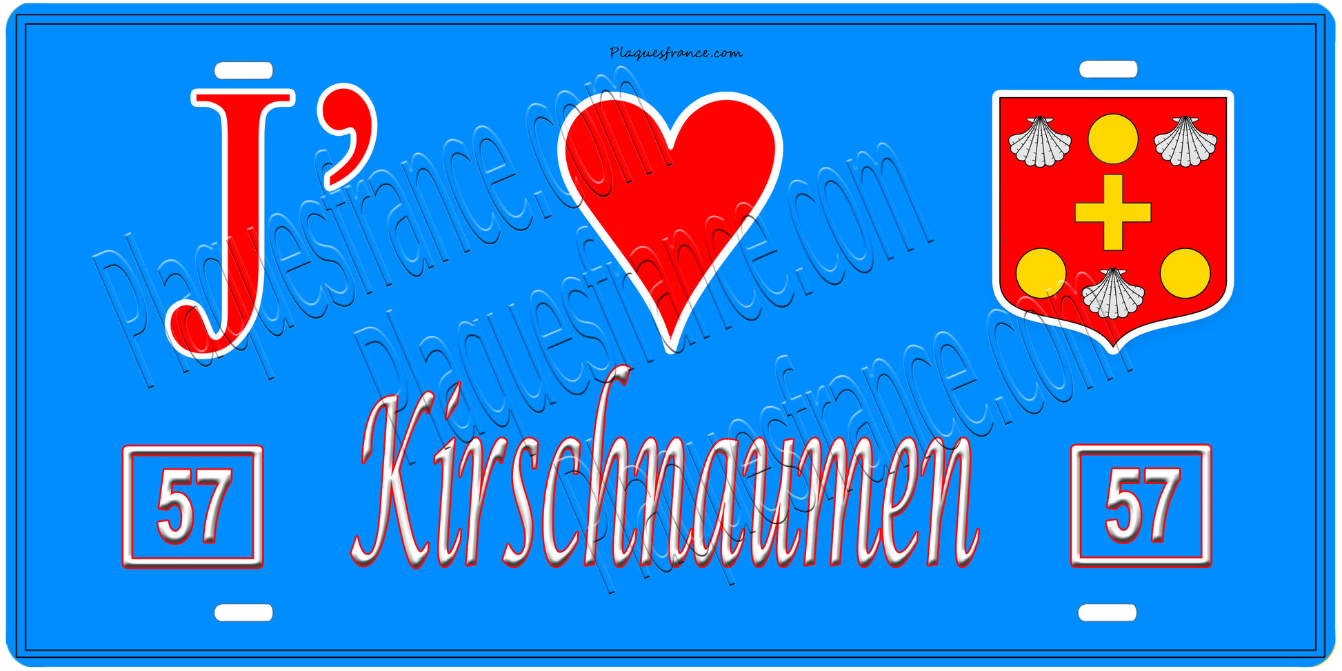 Plaque métal décorative, J'❤️ Kirschnaumen, Moselle, fond mur bleu 57