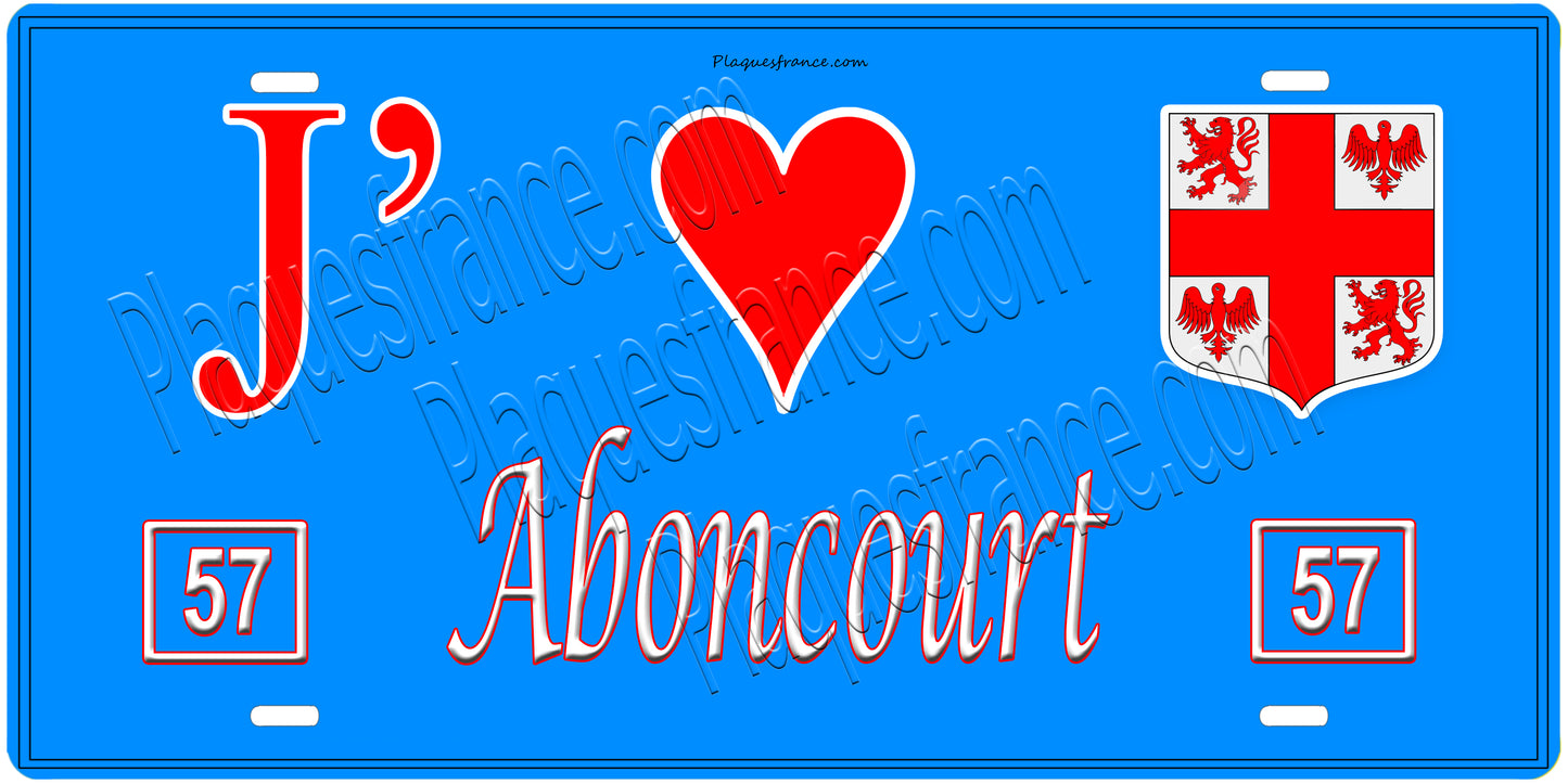 Plaque métal décorative, J'❤️ Aboncourt, Moselle, fond mur bleu 57
