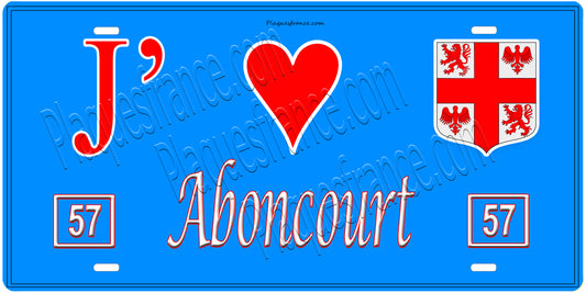 Plaque métal décorative, J'❤️ Aboncourt, Moselle, fond mur bleu 57