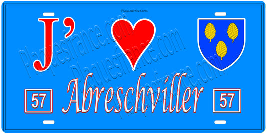 Plaque métal décorative, J'❤️Abreschviller, Moselle, fond mur bleu 57