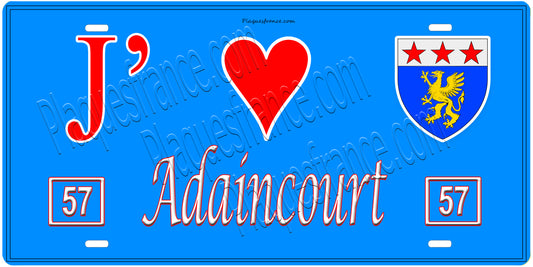 Plaque métal décorative, J'❤️ Adaincourt, Moselle, fond mur bleu 57