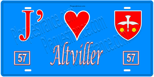 Plaque métal décorative, J'❤️Altviller, Moselle, fond mur bleu 57