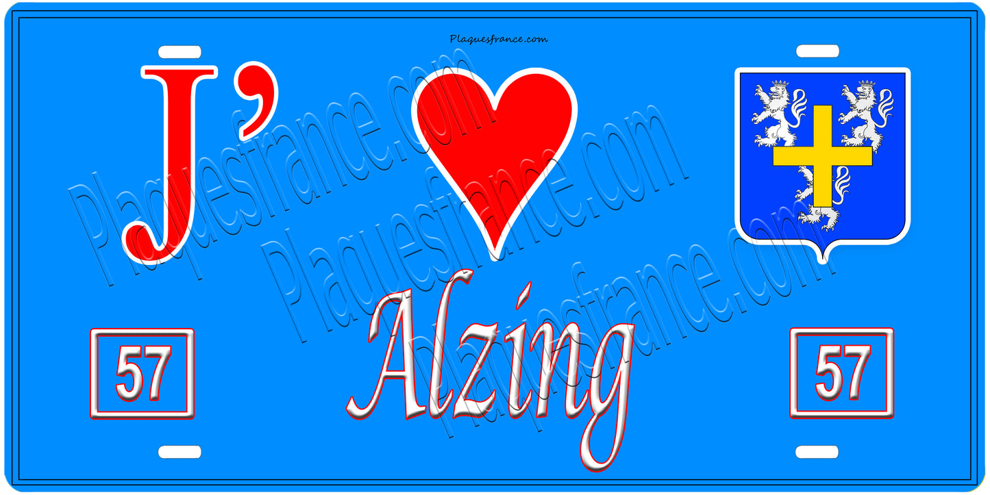 Plaque métal décorative, J'❤️ Alzing, Moselle, fond mur bleu 57
