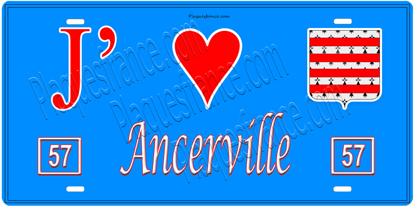Plaque métal décorative, J'❤️ Ancerville, Moselle, fond mur bleu 57