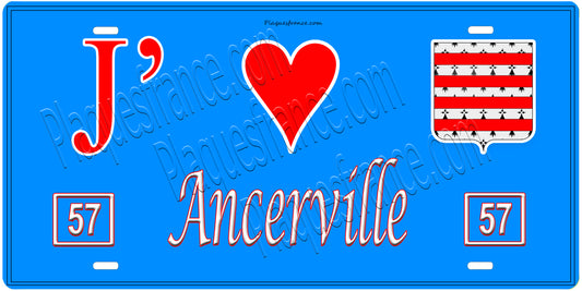 Plaque métal décorative, J'❤️ Ancerville, Moselle, fond mur bleu 57