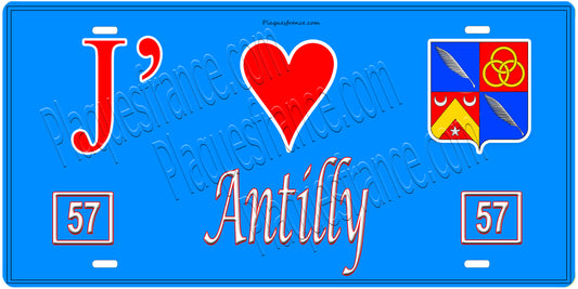 Plaque métal décorative, J'❤️Antilly, Moselle, fond mur bleu 57