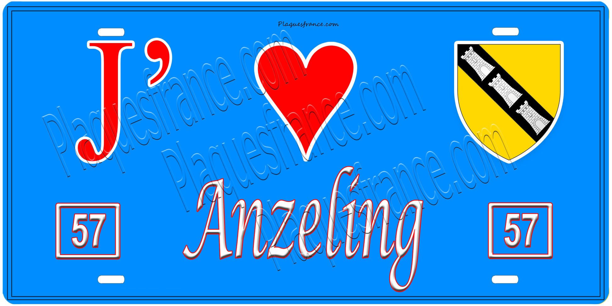 Plaque métal décorative, J'❤️ Anzeling, Moselle, fond mur bleu 57