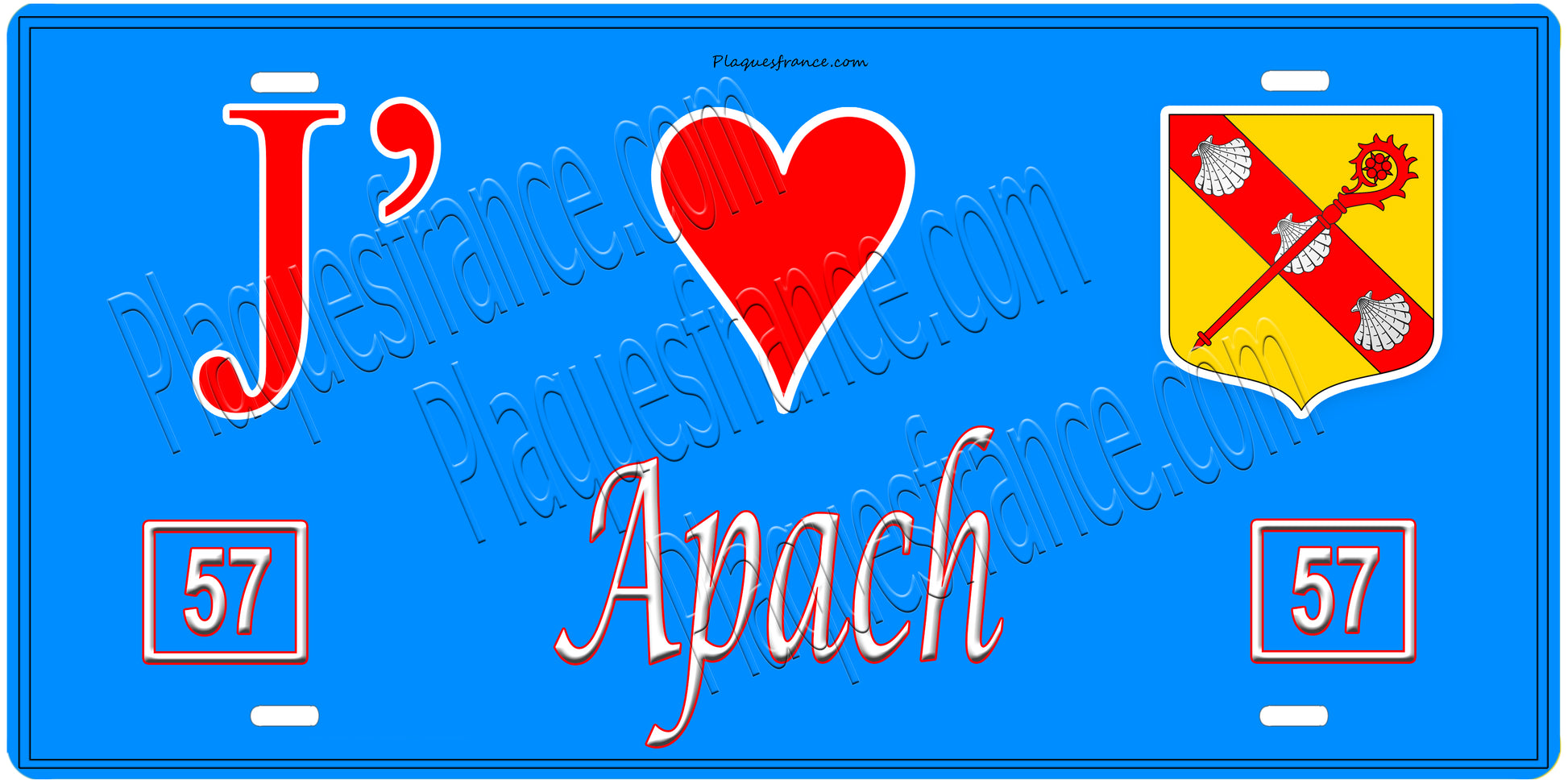 Plaque métal décorative, J'❤️ Apach, Moselle, fond mur bleu 57