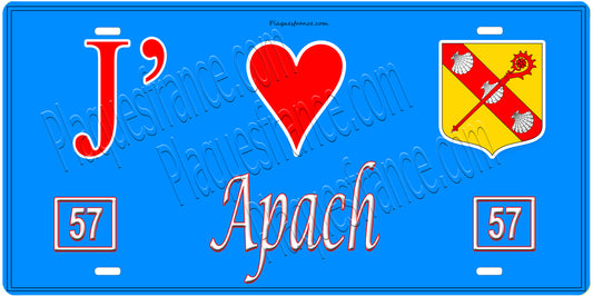 Plaque métal décorative, J'❤️ Apach, Moselle, fond mur bleu 57