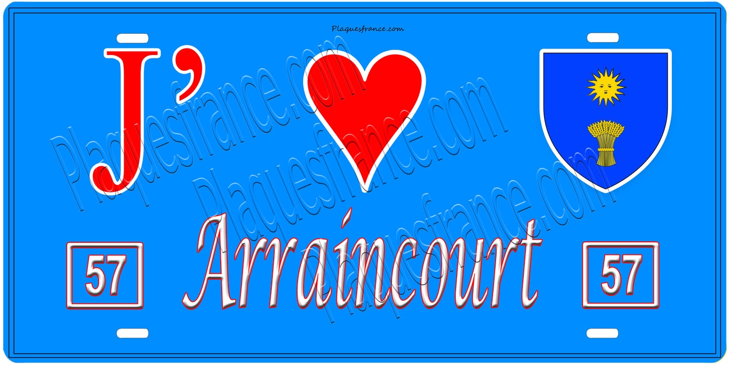 Plaque métal décorative, J'❤️ Arriance, Moselle, fond mur bleu 57