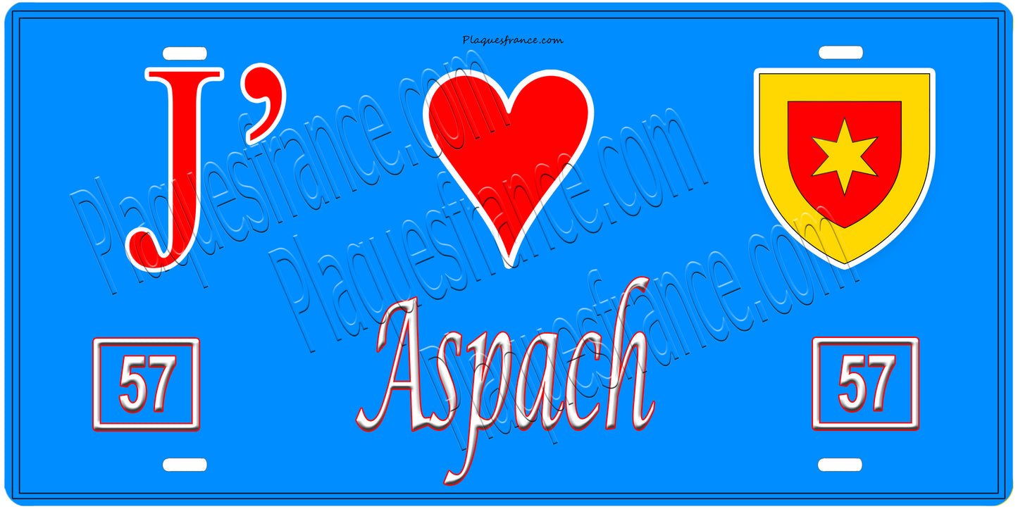 Plaque métal décorative, J'❤️Aspach, Moselle, fond mur bleu 57