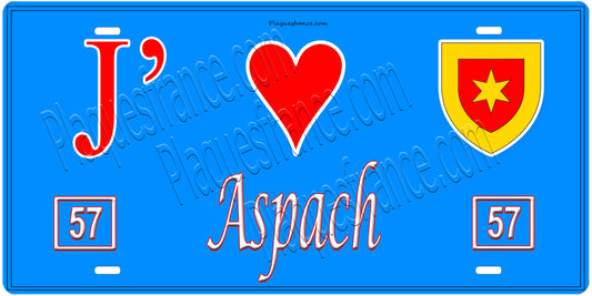 Plaque métal décorative, J'❤️Aspach, Moselle, fond mur bleu 57