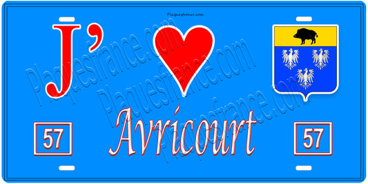 Plaque métal décorative, J'❤️Avricourt, Moselle, fond mur bleu 57